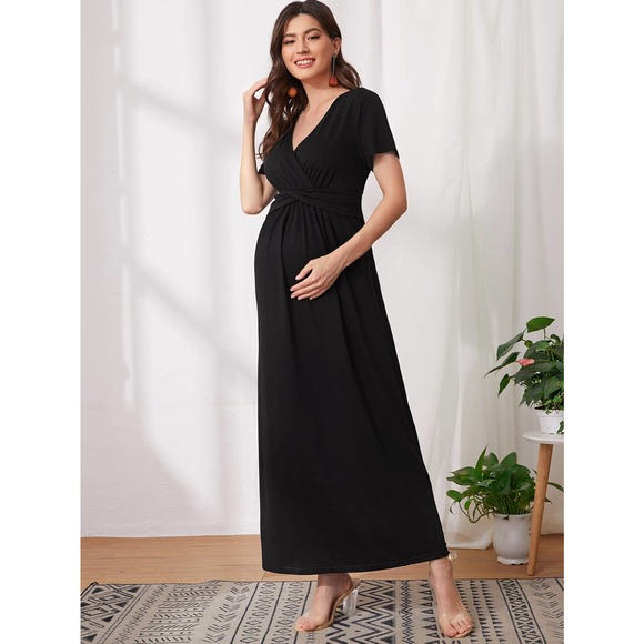 MATERNITY Surplice v Neck Ruched waist maxi Dress black - Picture 4 of 11